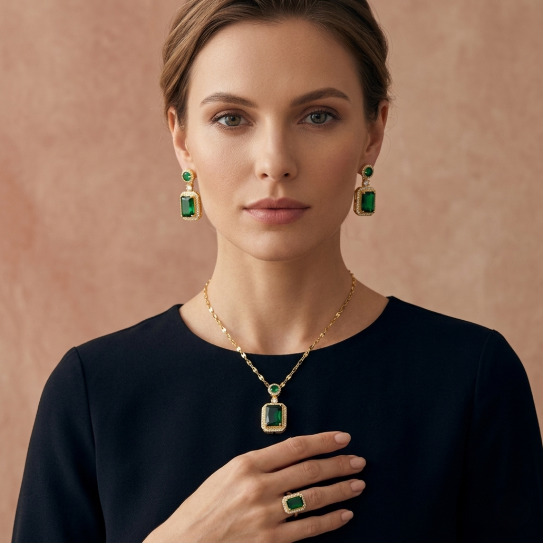Carlina | エメラルドカラーのネックレス・ピアス・リング3点セット