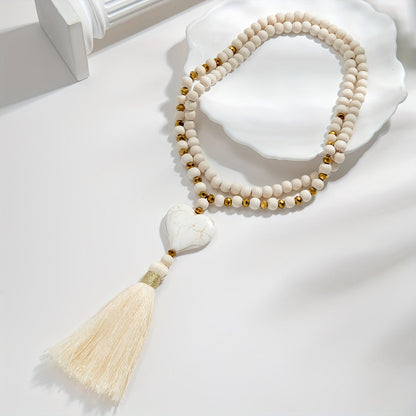 Esther | ハート型ターコイズのロングYカラー、ウッドビーズとボヘミアンタッセル