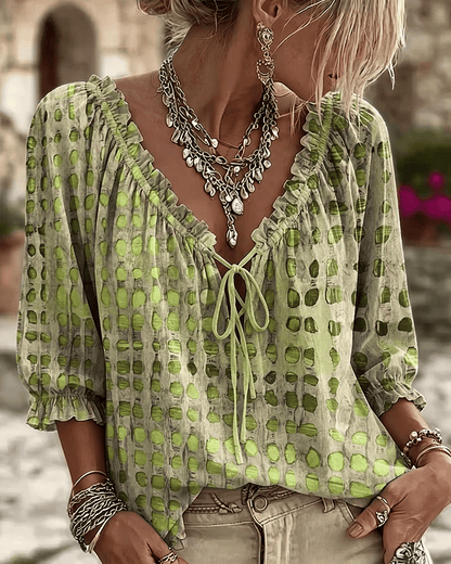 Paige | 調整可能なVネックと3/4袖のドットブラウス