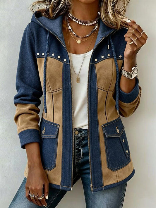 Chloe | バイカラーデザインのポケット付きフードジャケット